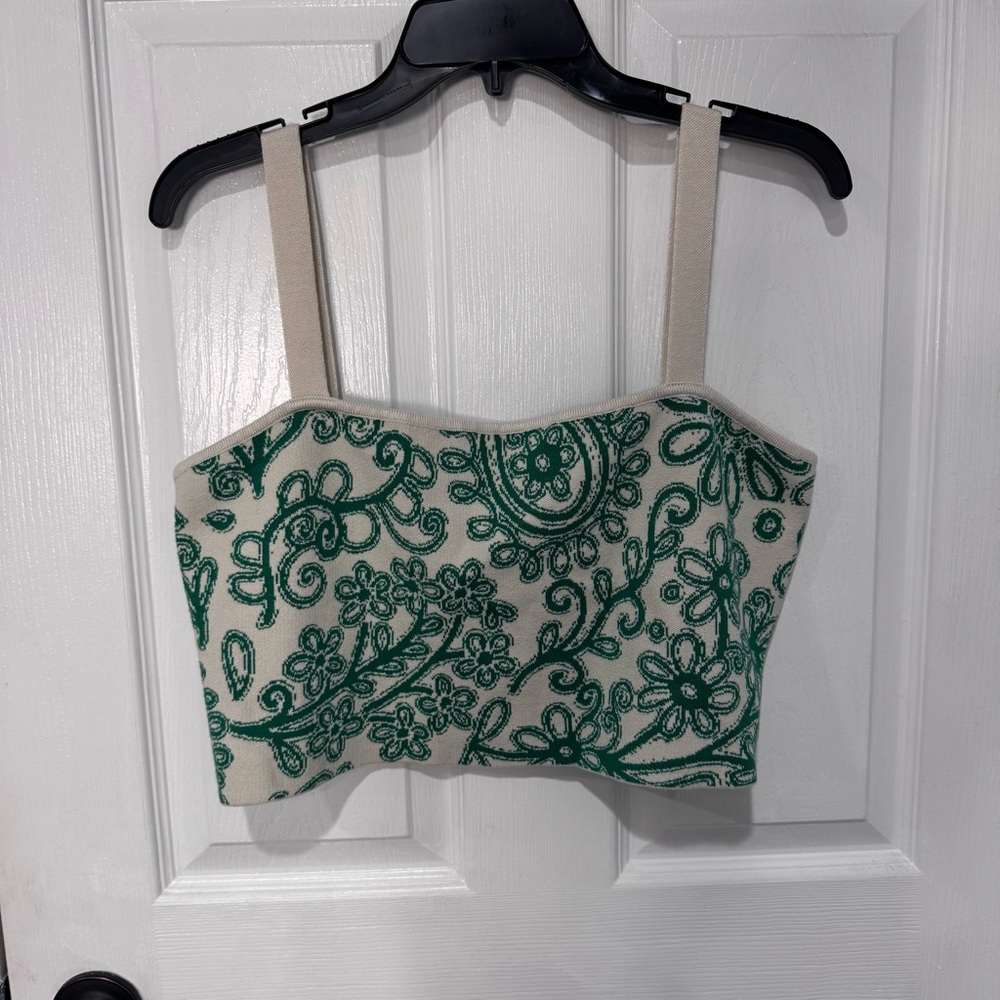 Celandine Anthropologie‎ Knit Crop Tank Top Green Floral | NWT | Size XL